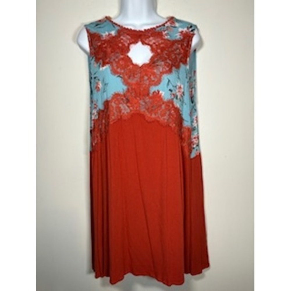 UMGEE Sleeveless Floral Lace Inset Dress Large Blue Orange‎ Boho Festival Hippie